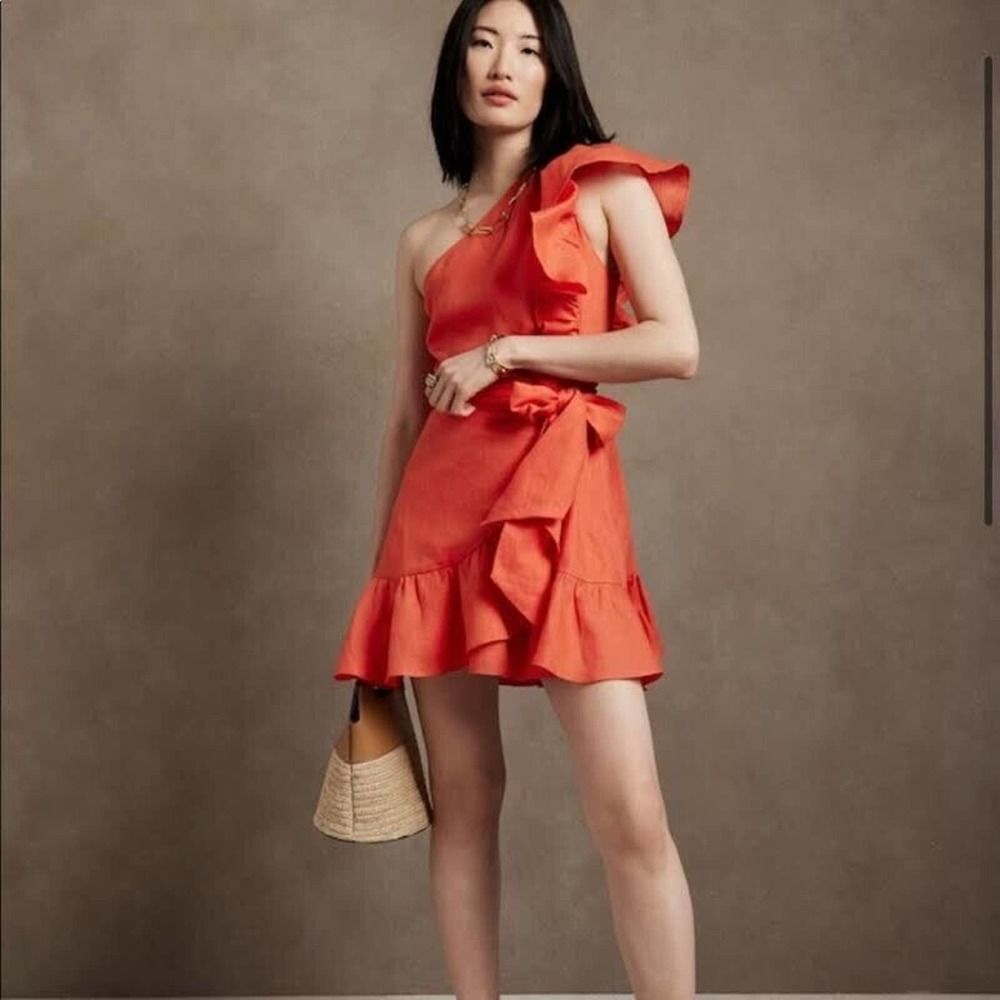 Banana Republic Linen Ruffle Dress, Size 4, Autumn Orange, Worn once